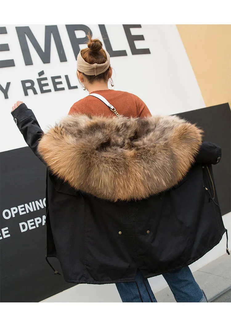 Тренд-сеттер зимняя камуфляжная меховая Парка женская черная куртка из меха енота и пальто с капюшоном теплые пальто для женщин