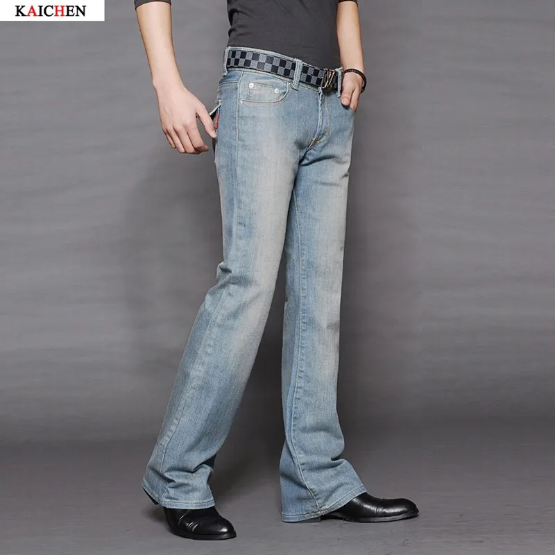 Для мужчин's джинсы деловые, Casual мужские со средней талией, эластичные тонкие загрузки вырезать полу-клеш Four Seasons светильник синий расклешенных джинсов 27-38