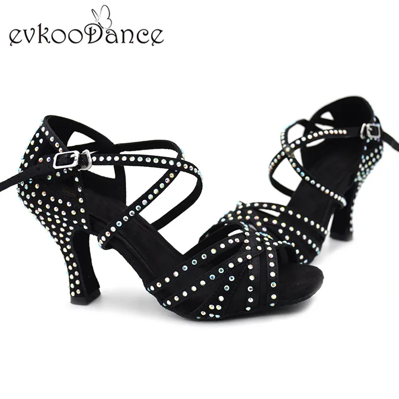 Size US 4 12 Black With Rhinestone Satin Salsa Heel Height 7cm ...