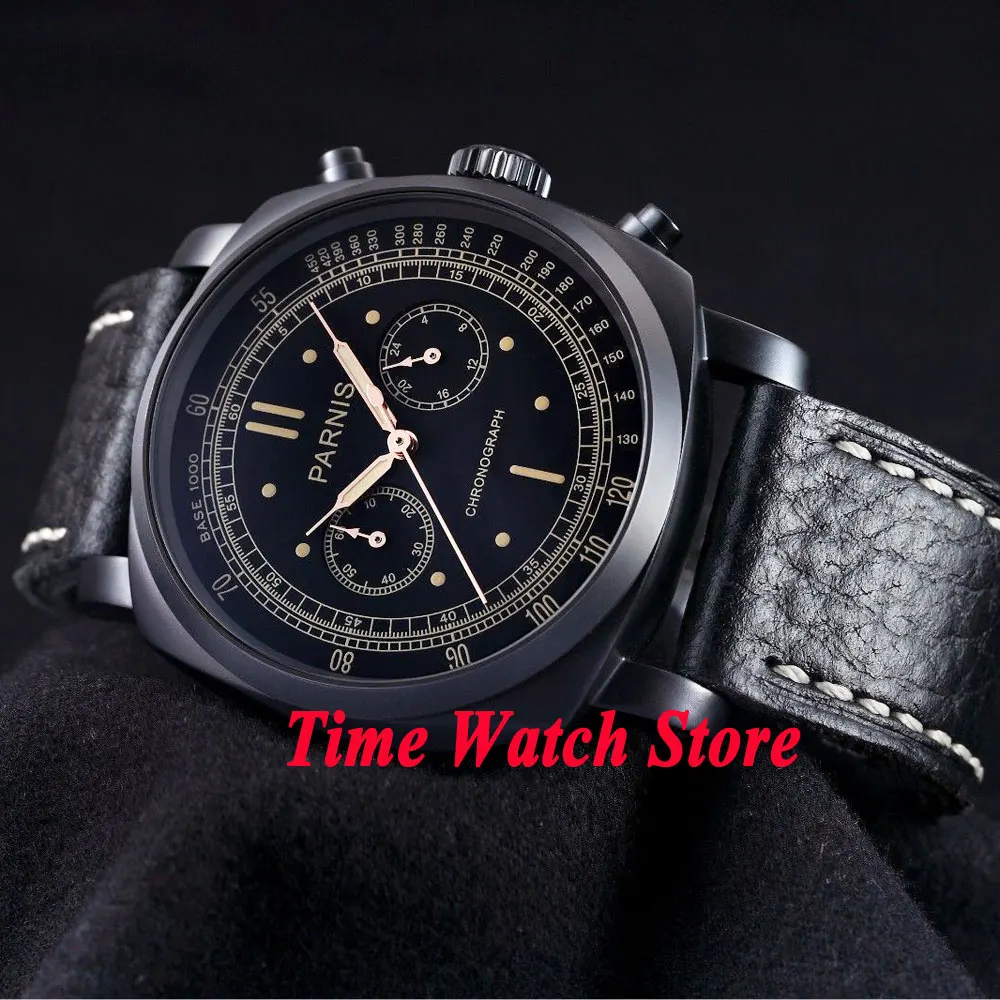 

Parnis men's watch black dial Full chronograph luminous hands and marks 44mm PVD CASE quartz movement wrist watch men 544
