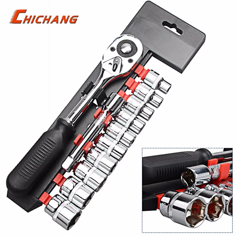

12pcs 1/4" Socket Wrench Set - Quick Release Reversible Ratchet Handle and Swappable Spanners Sockets with Hanging Rack