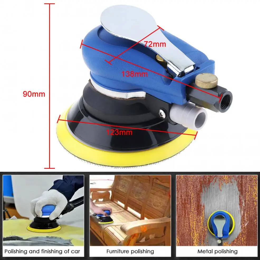 TORO 5 Inch 10000RPM Self-vacuuming Pneumatic Sander Machine with 1m Air Tube and 6-hole Matte Surface Sanding Pad for Polishing