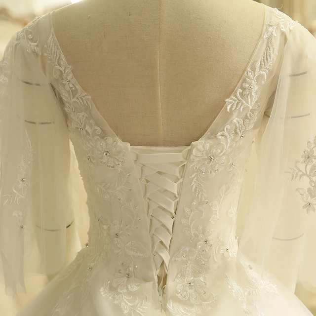 SL-9006 Sheer Neckline Puffy Half Sleeve Bridal Gown Lace Beads Wedding Dresses 2018 6