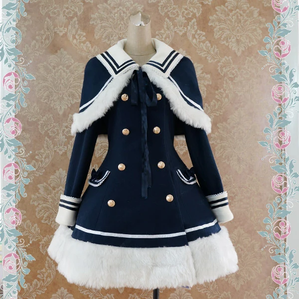 

2018 New Winter Coat Navy Blue Lolita Fury Cape Woolen Dress Sailor Retro Military style Double-breasted Halloween for women
