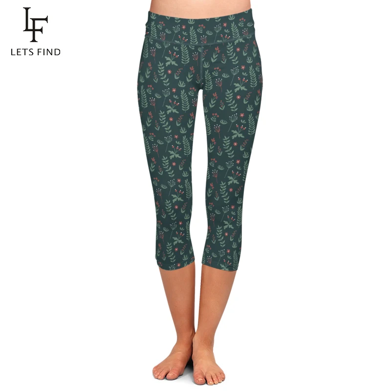 

LETSFIND Summer Style Leaf Print Women High Wasit Capri Leggings Plus Size Fitness Mid-Calf 3/4 Stretch Casual Leggings