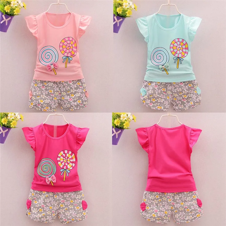 

2PCS Toddler Kids Baby Cute Girls Bowknot Outfits Lolly T-shirt Tops+Short Pants Clothes Set Clothing Set Dropshipping 922