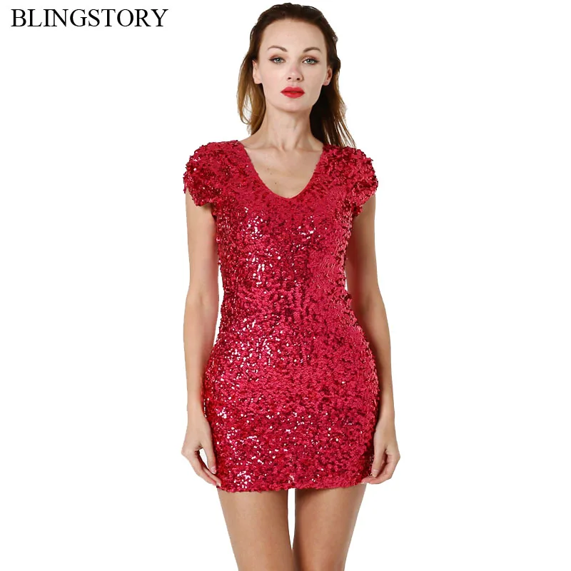 

BLINGSTORY Sexy Glitter Sequin Dress Women Short Sleeve Sparkling Bodycon Party Night Club Dresses Elegant Vestidos Dropship