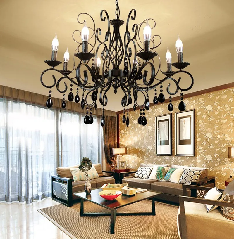 Vintage Crystal Chandeliers Livint Room Dining Room Lamp Black White Loft Wrought Iron E14 Candle Chandeliere Lighting