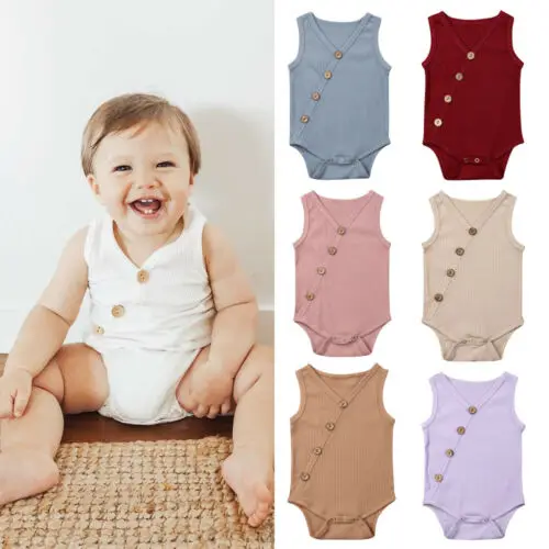 

Baby Girl Boy Romper Clothes Solid Button Summer Newborn Jumpsuit Baby Romper Outfits Bodysuit Set 0-24M