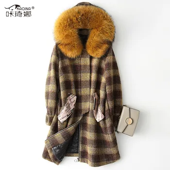 

Autumn Winter Jacket Women Real Raccoon Fur Collar Tweed Coat Female Tussah Silk Liner Wool Coats Korean Abrigo Mujer 18125 MY