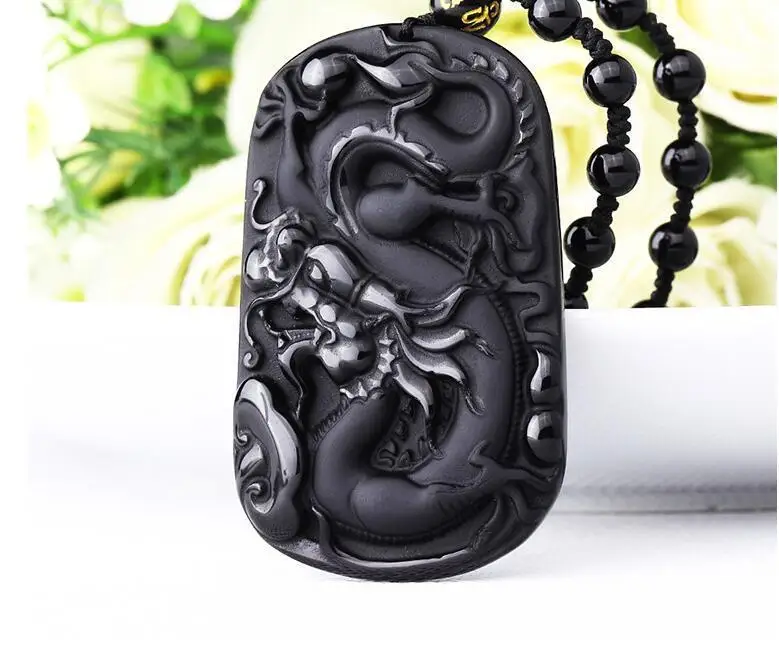 

Natural Black Obsidian Stone Carved Cool Dragon Pendant Beaded Chains Necklace