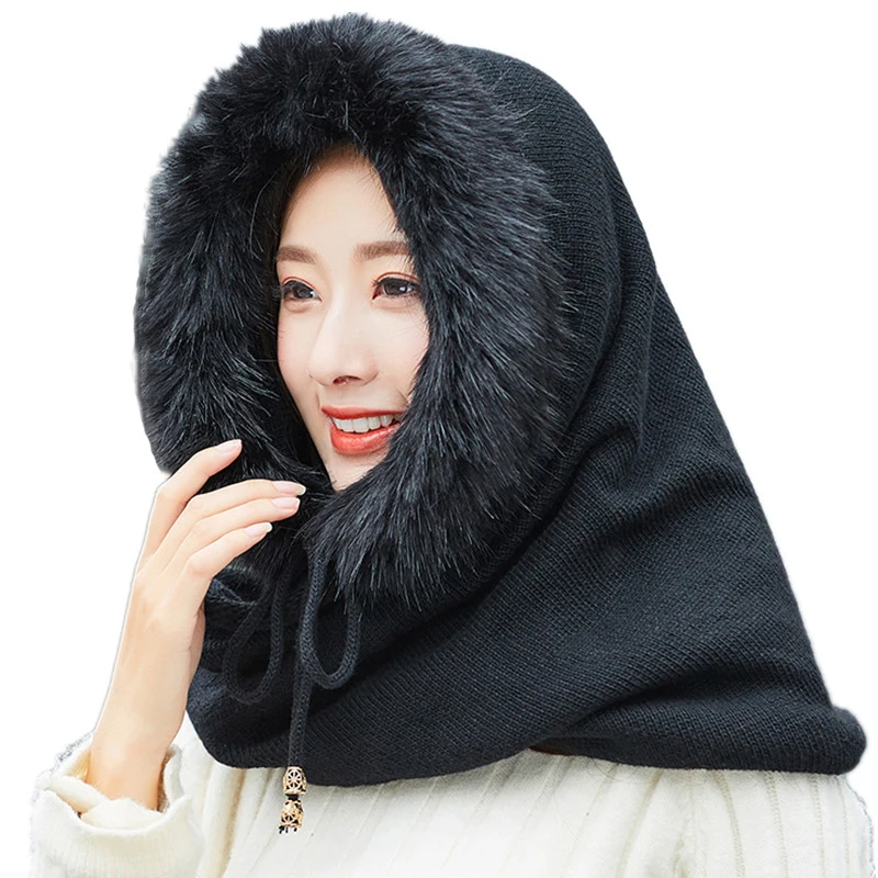 Winter Warm Women  Knitted Hat Scarf Set Outdoor Sport Plus Plush Female Beanies Caps Hooded Scarves caps for girls Skullies
