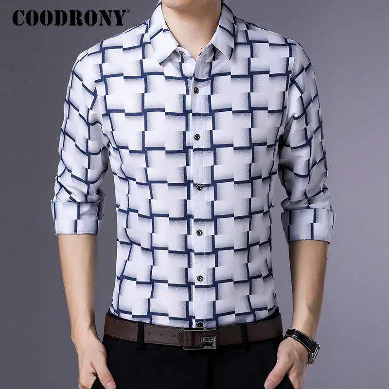 COODRONY طويل كم قميص الرجال الأعمال عارضة قمصان الرجال الملابس 2019 الخريف القادمون الجدد منقوشة Camisa الغمد زائد حجم 8738