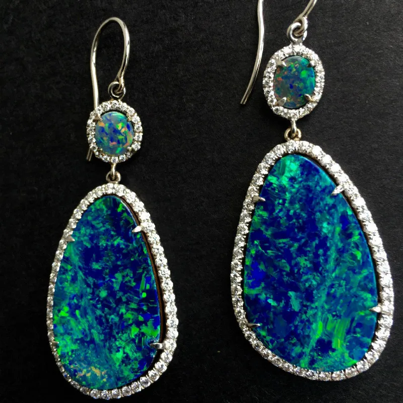 

1 Pair of Fashion Natural Opal Stone Silver Pendant Earrings Blue Bohemian Pendant Earrings Women Jewelry Gifts