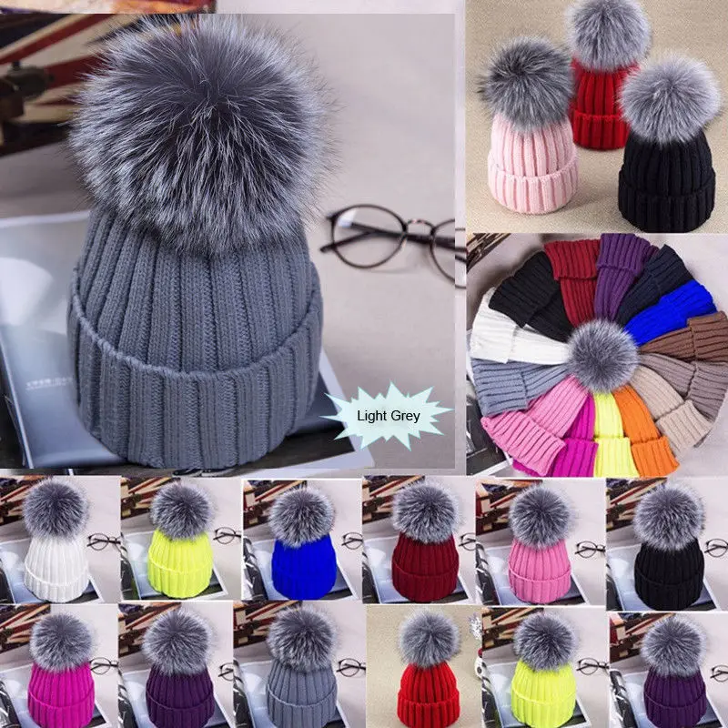 Women Winter Racoon Rabbit Fur Pom Pom 15cm Ball Knit Beanie Ski Cap Bobble Hat