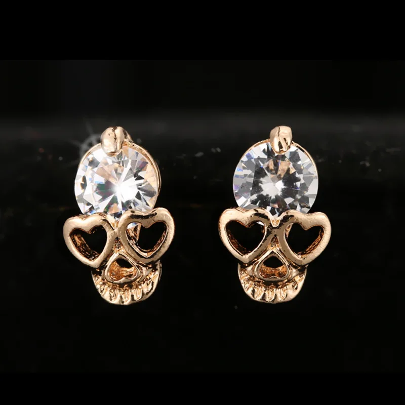 

SexeMara Cute Heart Eyes Skull Earrings Women Girl Small Jewelry Rose Gold Color Trendy Shining CZ Crystal Stud Earrings Brincos