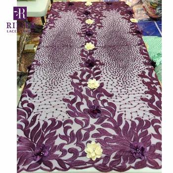 

3D Flower Applique Net Lace With Beads And Stones 2019 Latest Purple Nigerian Beaded Embroidered Mesh Tulle Wedding 3D Fabrics