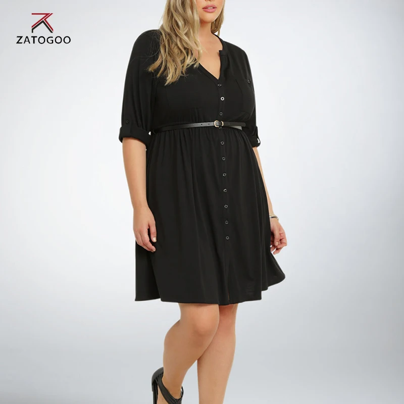 

ZATOGOO Big size 6XL Woman Dress Summer Solid Sexy V Neck shirt dresses plus size women office clothing 6xl dress with belt