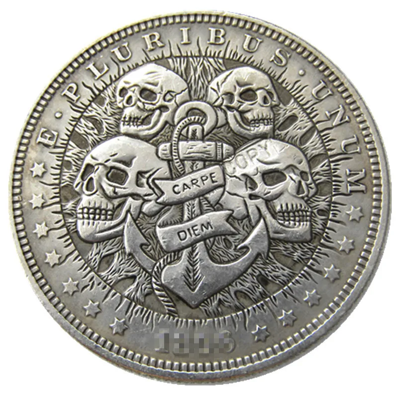 

US Hobo 1896 Morgan Dollar zombie skeleton Hand Carved Silver Plated Copy Coins