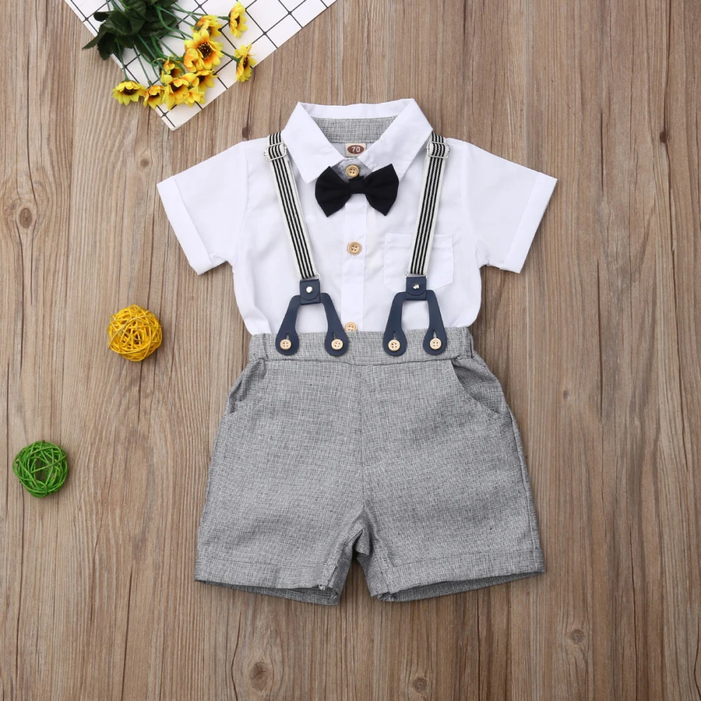 Baby Boy Clothes Sets Formal Suits Party Gentlemen Boy 2Pcs Short Sleeve Bow Tie Bodysuit Tops Bib Shorts Baby Boy Outfits 0-24M