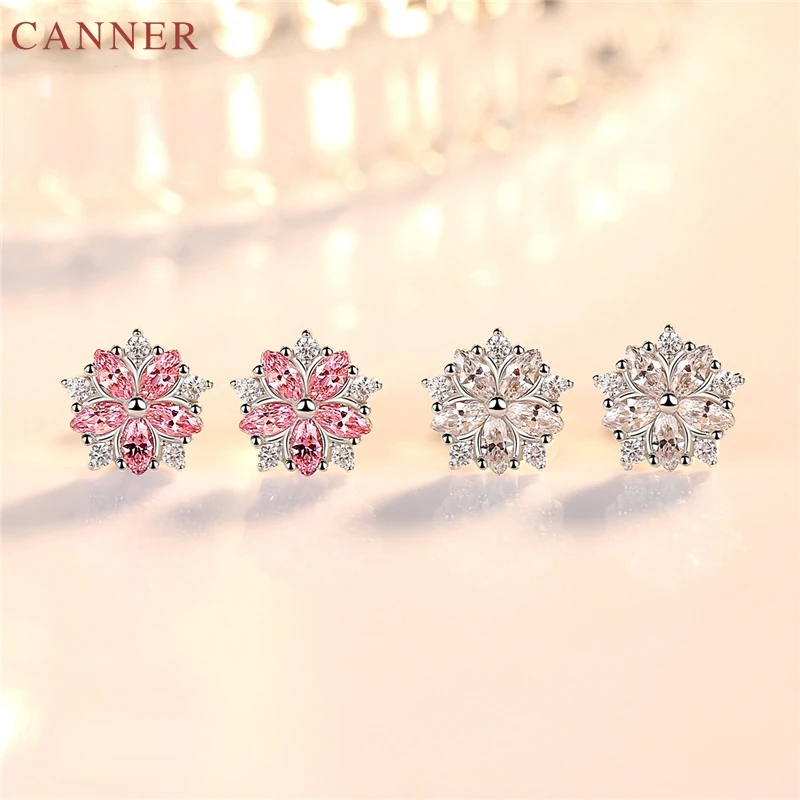 White Pink Zircon Flower Silver Stud Earrings for Women Wedding Gifts Luxury Crystal Earrings 2019 Fashion Jewelry bijoux C4