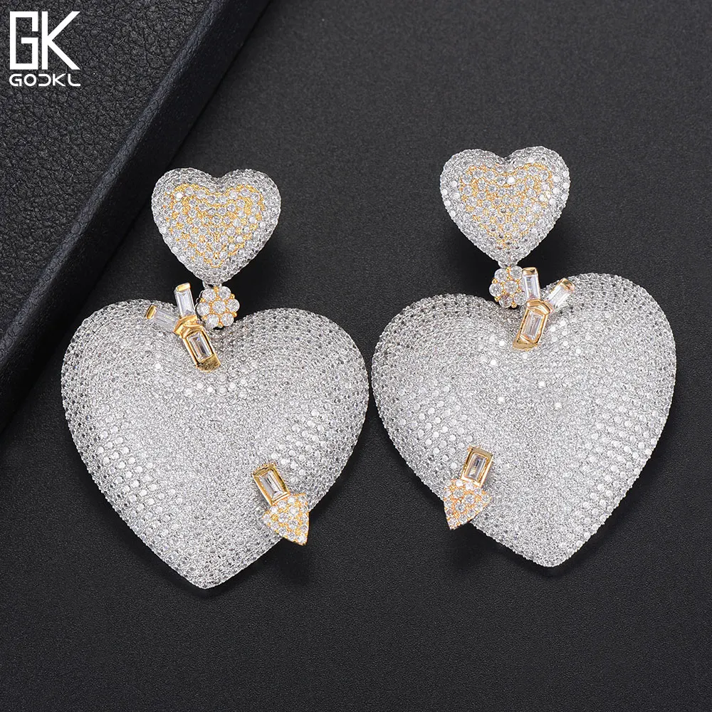 

GODKI 60mm Luxury Cupid Arror Heart Statement Dangle Earrings For Women Wedding Zircon CZ Engagement Party Dubai Bridal Earrings