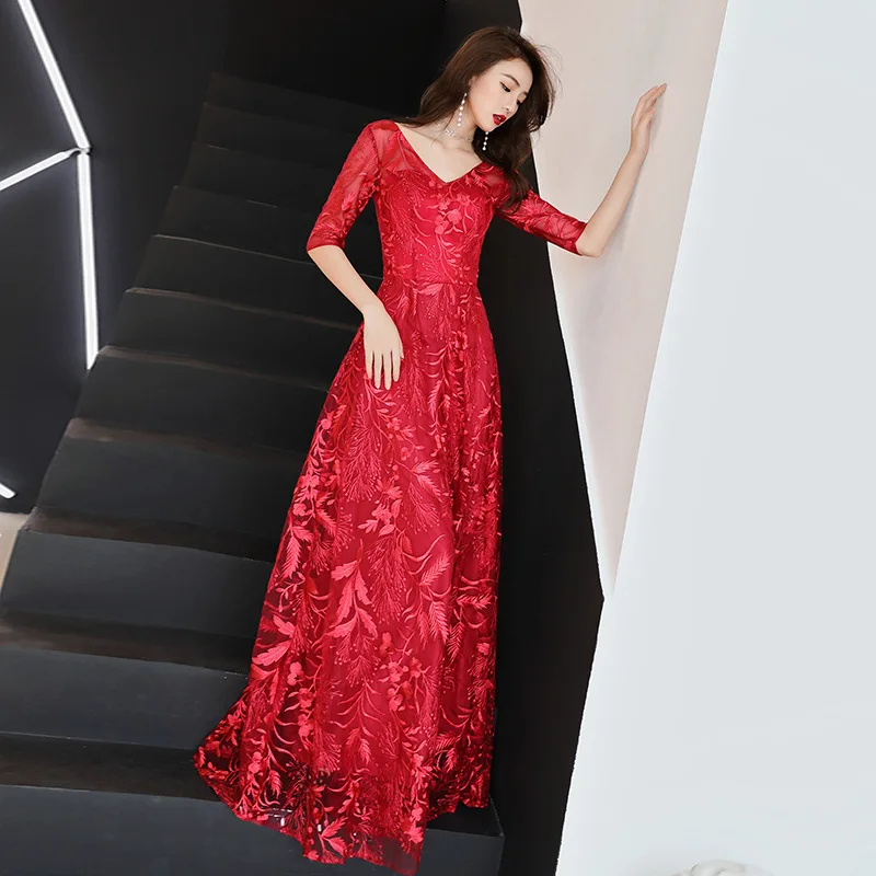 Это YiiYa Формальное вечернее платье с v-образным вырезом, с принтом, половина рукава, длина до пола, вечерние платья на шнуровке, с молнией сзади, элегантные платья для выпускного вечера E107