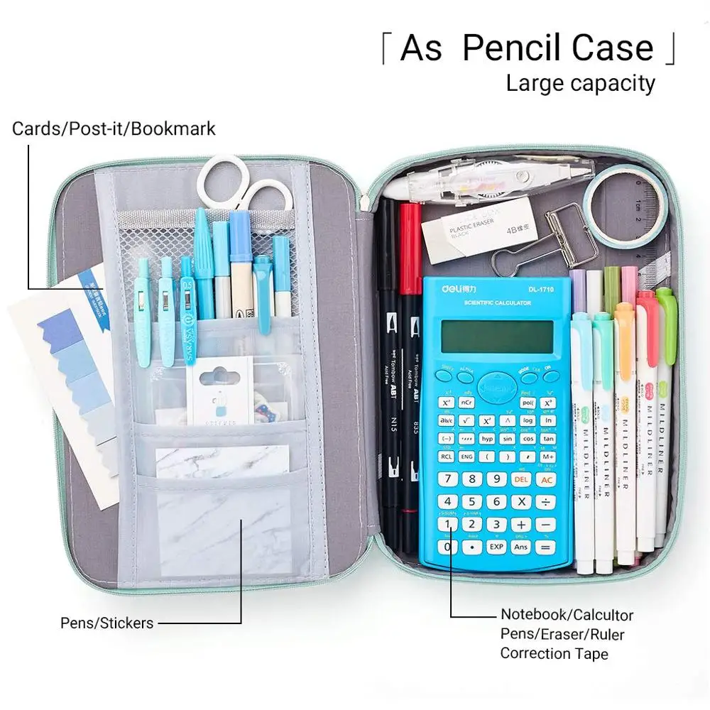 Big Capacity Pencil Pen Case Pouch Box Organizer Large Storage for Bullet Journal Light Blue