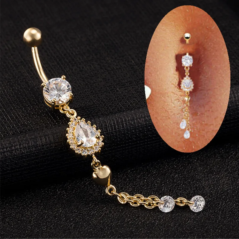 

Fashion Crystal Rhinestone Belly Button Rings Long Dangle Gold Piercing Navel Piercings Body Jewelry