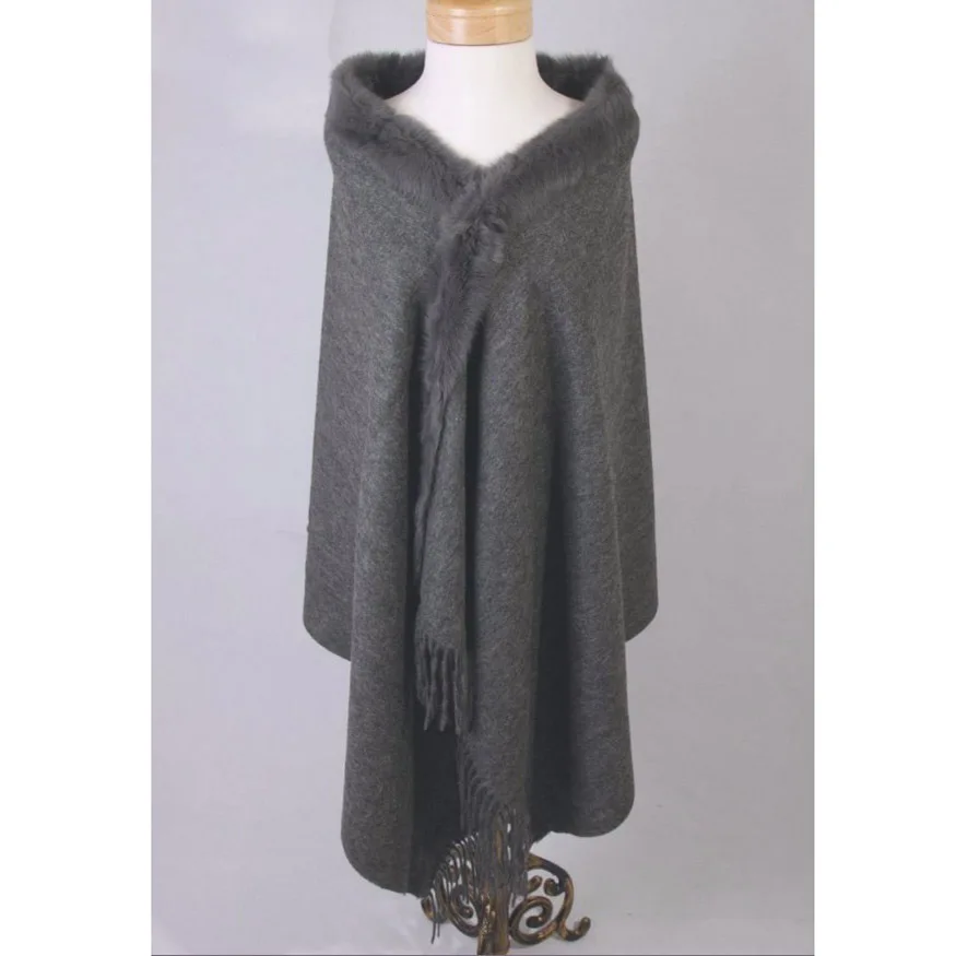 

Hot Sale Gray Women's 100% Wool Cape High Quality Rabbit Fur Cashmere Stole Solid Color Poncho Wrap Oversize 180 x 70cm 011610