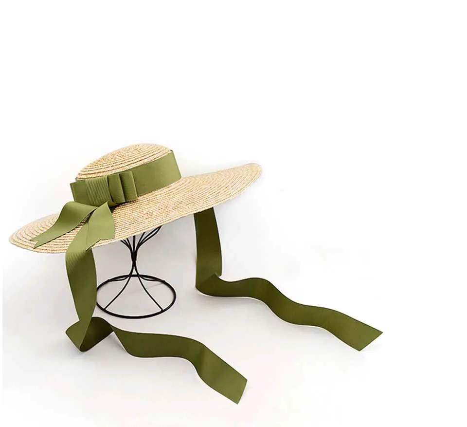 Natural Wheat Straw Hat Ribbon Tie 15CM/18CM Brim Boater Hat Elegant Beach Sun Hat Cap Lady Summer Wide Brim UV Protect Hats