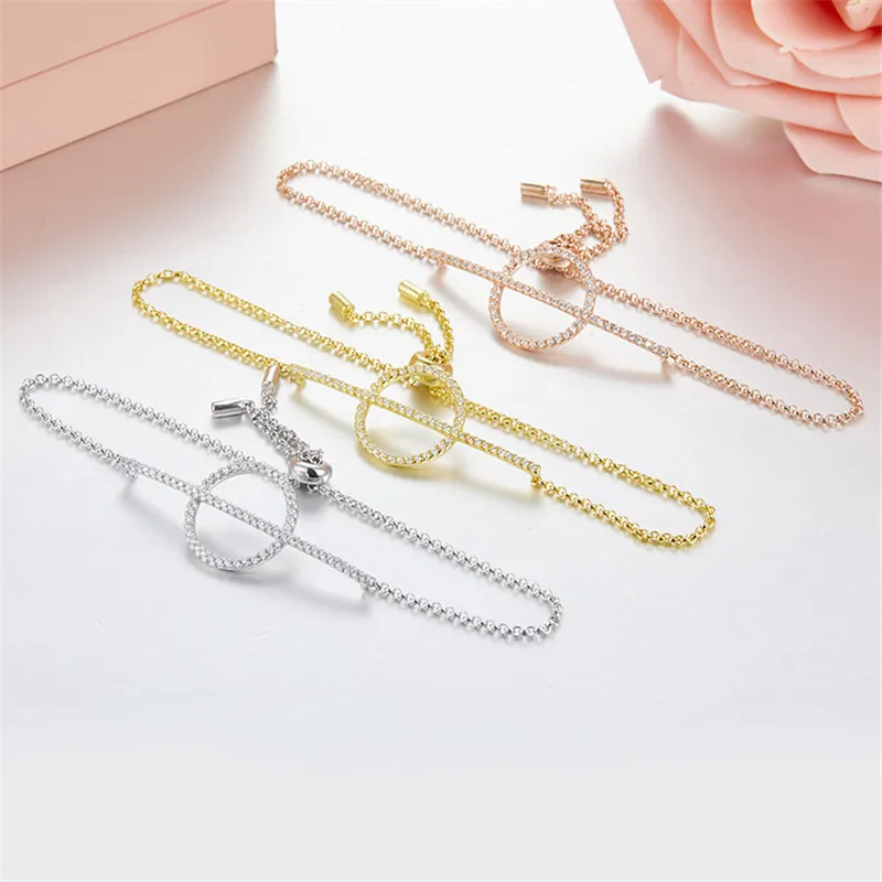 

925 Sterling Silver Inlaid Zircon Geometric Simple Push-pull Bracelet Jewelry Fits Monaco Jewelry with Women Party Gifts