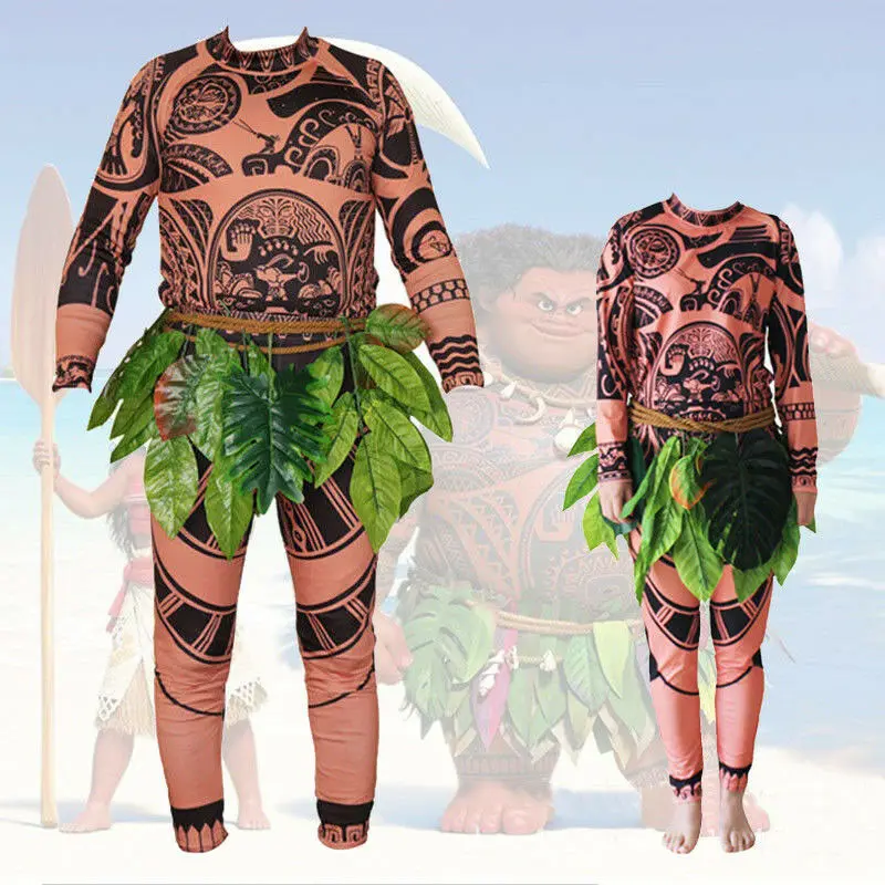 

Halloween Adult Mens Moana Maui Tattoo T Shirt Pants Grass Skirt Cosplay Costume