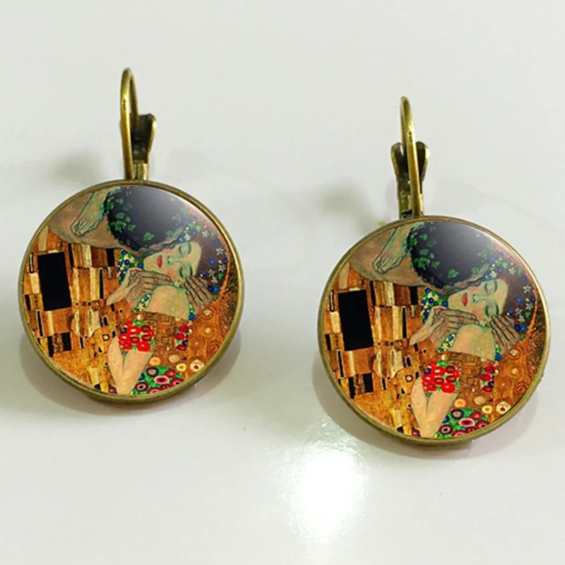 Классические серьги Gustav Klimt The Kiss, ювелирные изделия, винтажные 18 мм круглые стеклянные куполообразные серьги для женщин, ювелирные изделия, Прямая - Окраска металла: bronze13
