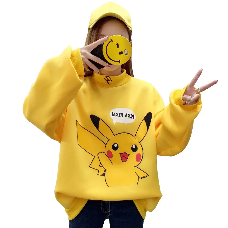 201 الخريف المرأة هوديس المدورة بيكاتشو طباعة بلوزات المتناثرة الأزياء Kawaii قمم الكرتون بوكيمون الأزواج البلوفرات