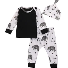 Комплект одежды из 3 предметов для новорожденных мальчиков и девочек, футболка с длинными рукавами и медведем топ+ длинные штаны+ шапка одежда, комплект одежды