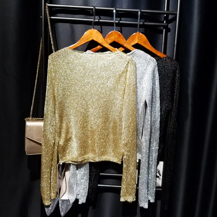 Cakucool New Gold Lurex Knit Tops Women t shirt Long Sleeve Slash Neck Tee Shirts Thin See-through Mesh Sexy Tees Tshirts Femme Cakucool New Gold Lurex Knit Tops Women t shirt Long Sleeve Slash Neck Tee Shirts Thin See-through Mesh Sexy Tees Tshirts Femme