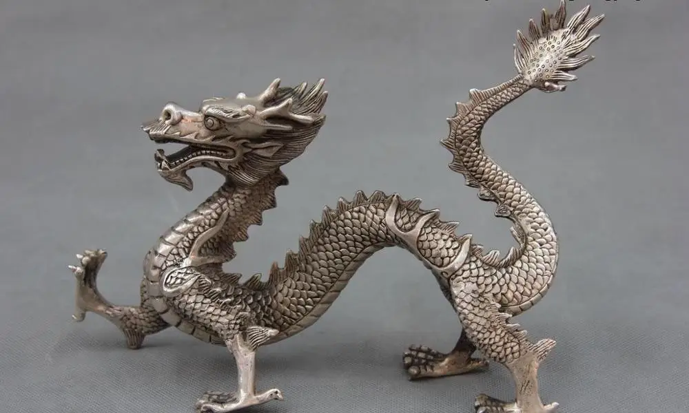 

China Royal White Copper Bronze Silver Fengshui Lucky Fengshui Fly Dragon Statue