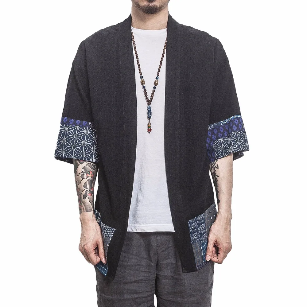 Men Kimono Traditional Open Stitch Shirt Men Cotton Linen Shirts Male Three Quarter Sleeve Shirt Harajuku Mens Clothing 5XL