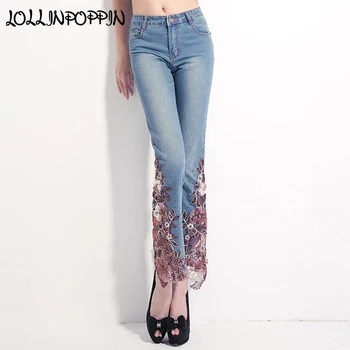 

Women Beaded Flare Jeans New 2019 Summer Embroidery Denim Capris Ankle Length High Waist Light Blue Jeans Free Shipping
