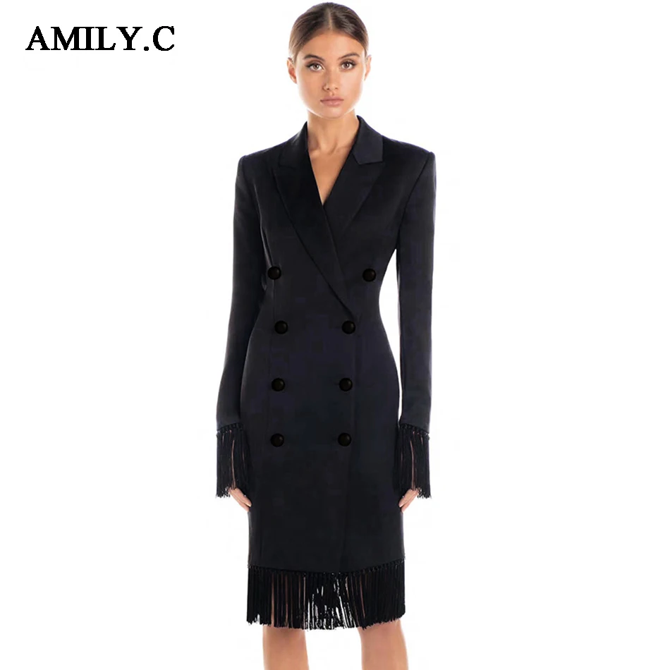

Amily.c 2019 new women's slim suit jacket black sexy V-neck double-breasted tassel long-sleeved wear club party dress