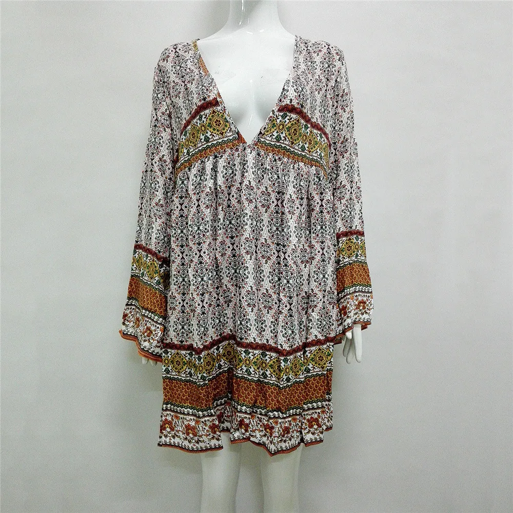 Autumn Sexy Deep V neck Beach dress For Women Boho Long Sleeve Printed Dress Women Beach Sundress Casual Women's Dresses Female (28)