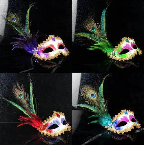 

Women Girls sexy Peacock Feather masquerade masks gold Crystal embellished lace mask Mardi Gras Masks halloween Party Masks
