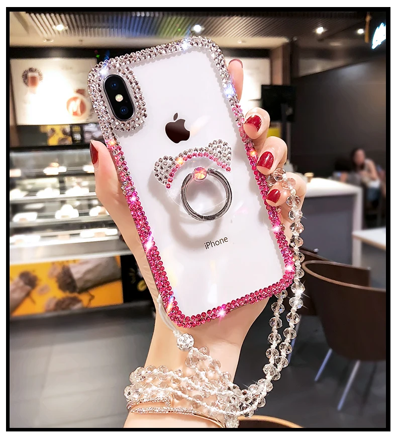 

Fashion Bling Gradient Crystal Diamond Edge Cute Bear Finger Ring Holder Case Cover For iPhone 11 Pro XS Max XR X 8 7 6 6S Plus