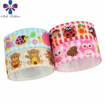

16mm-75mm Colorful Check Series Cute Bear lady Bug Printed Grosgrain/Elastic Ribbon Owl Flower DIY Party Gift 50yards/roll