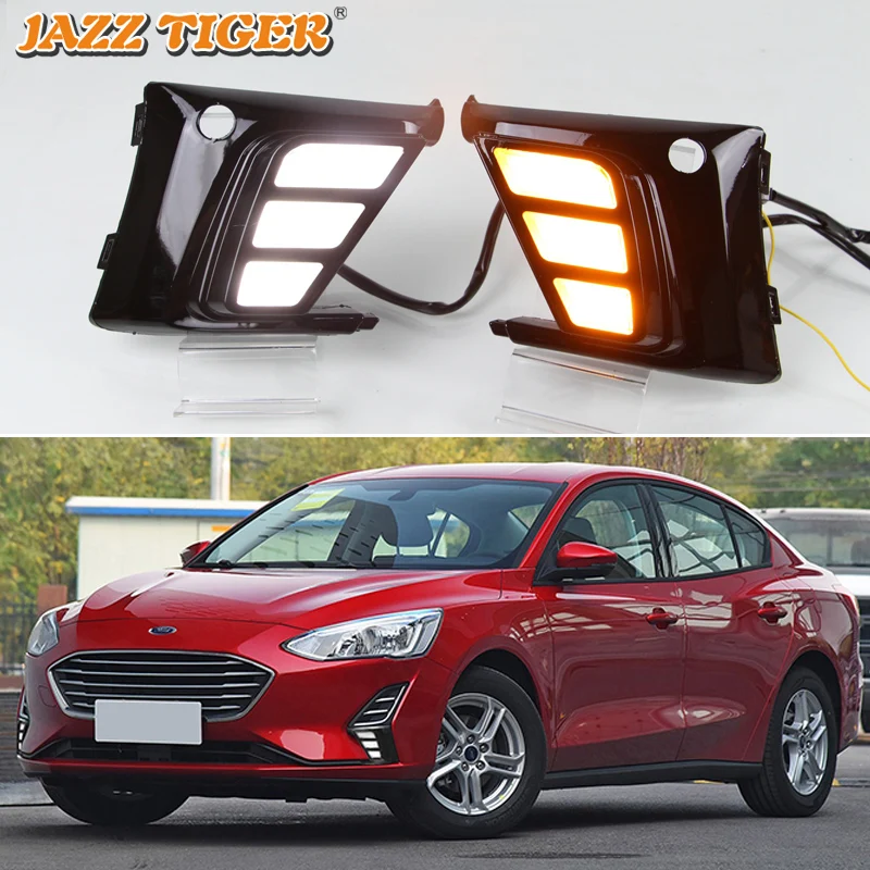 

2pcs LED Daytime Running Lights For Ford Focus 5 MK5 2019 Fog Lamp DRL with Yellow Turn Signal Lamp 12V Waterproof
