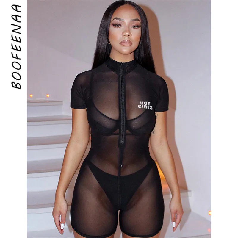 

BOOFEENAA Reflective Letter Black Mesh Fitted Romper Women Sexy Playsuit See Through Zipper Bodycon Jumpsuit Short Summer C66-I3