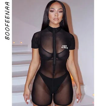 BOOFEENAA Reflective Letter Black Mesh Fitted Romper Women Sexy Playsuit See Through Zipper Bodycon Jumpsuit Short Summer C66-I3