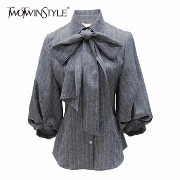 

TWOTWINSTYLE Bow Blouse Female Palazzo Striped Lantern Sleeve Slim Womens Tops And Blouses Summer Fashion Vintage Shirt Top 2020