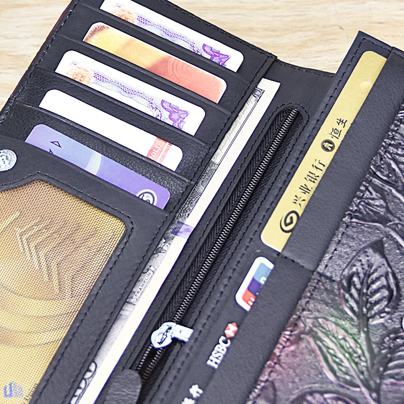 

New Arrive Ladies Wallets Leather Women Long Purse Flower Embossing Female Hasp Wallet Money Clips Cards A142-911